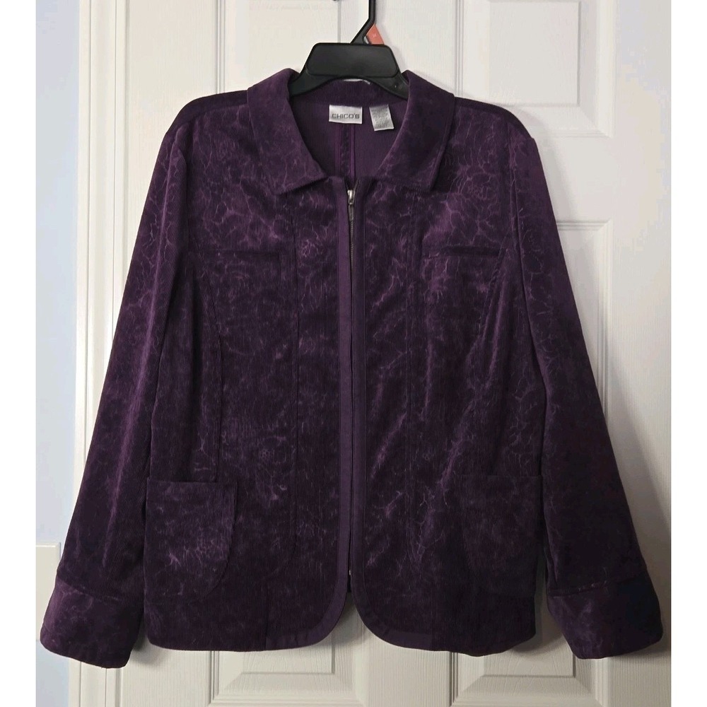 Chico's Womans Zipup Blazer Corduroy Purple Florial Print Size 3 (XL)